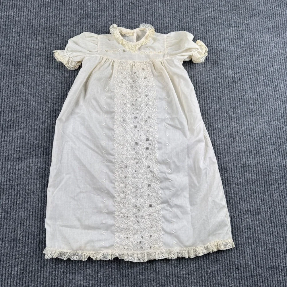Vintage Off White Eyelet Lace Christening Gown Baptism‎ Dress Infant Baby  965